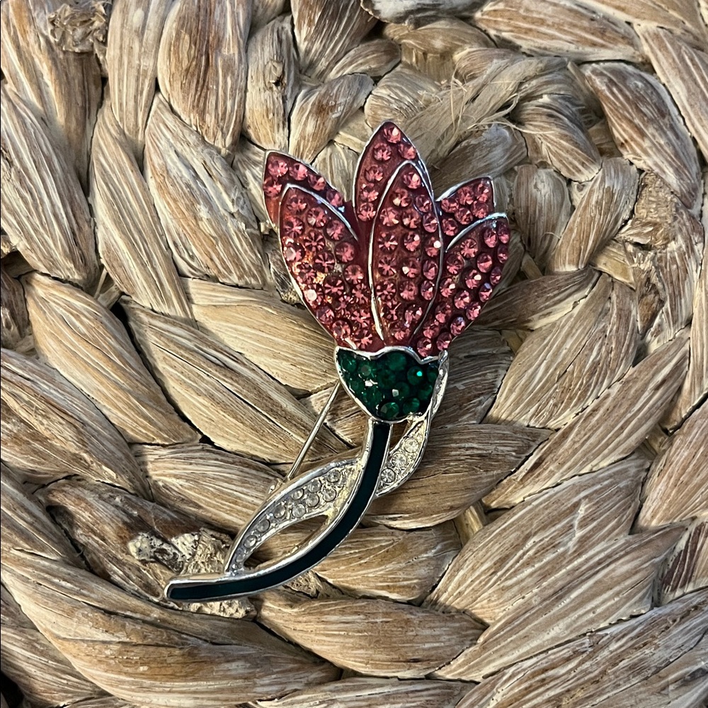 Vintage‎ Roman Pink and Green Rhinestone Tulip Brooch